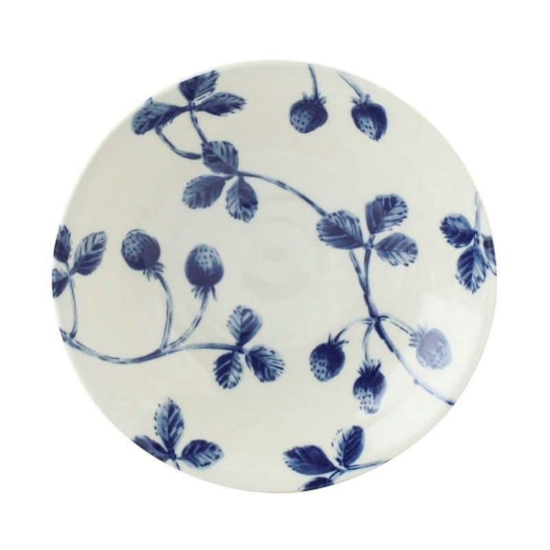 White ceramic plate with hand-painted blue strawberries and leaves - Japanese tableware