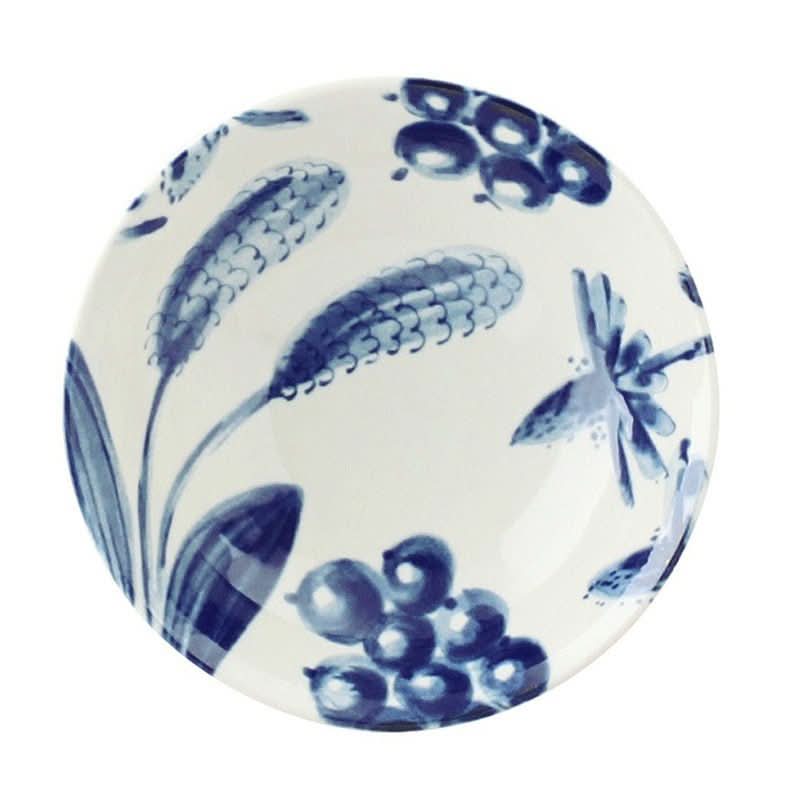 Ceramic Japanese hand-painted tableware with blue floral & berry design on white.