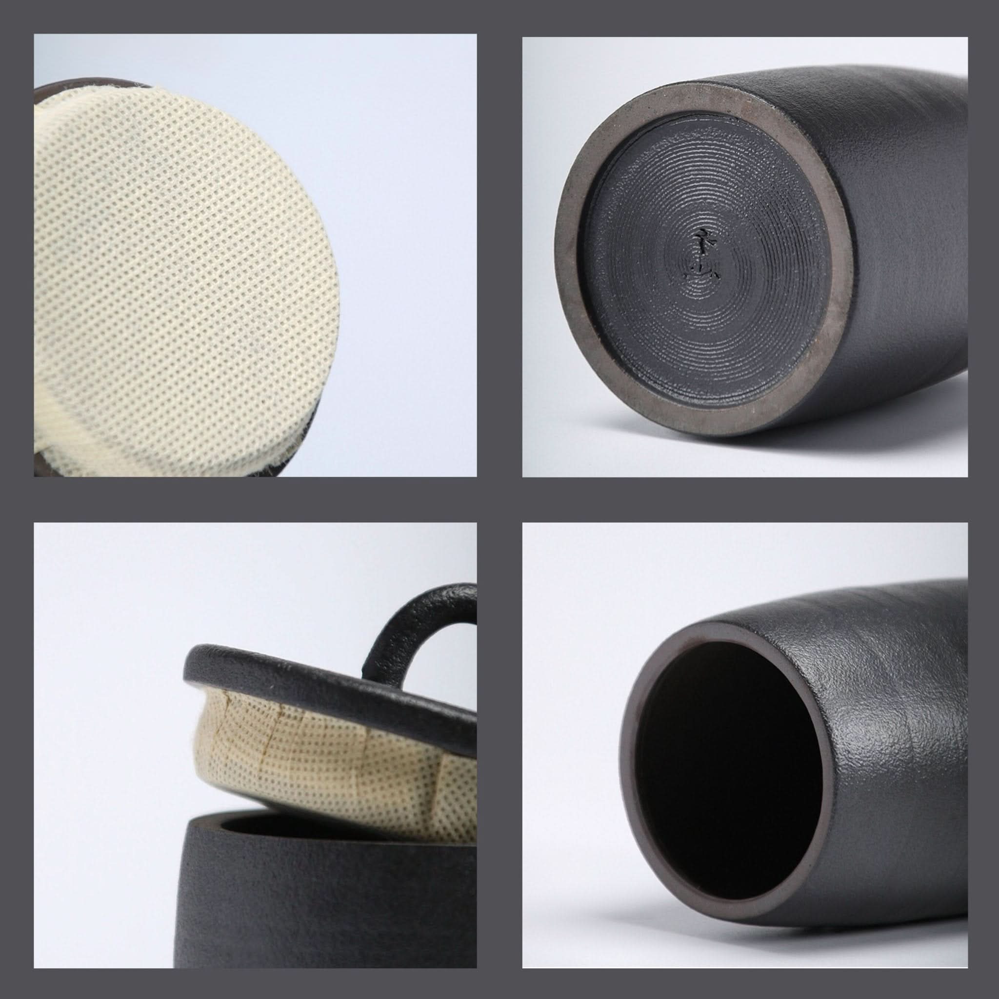 Dark grey ceramic tea canister with textured finish and linen lining.