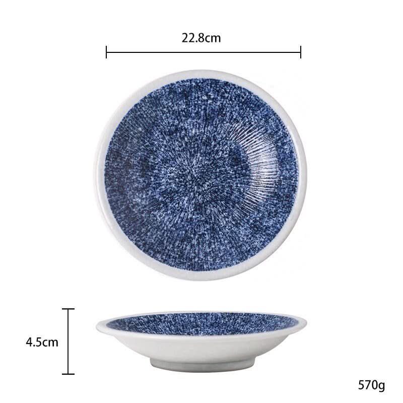 9" Japanese Pottery Tableware: Blue speckle ceramic bowl, white rim, 22.8cm diameter.