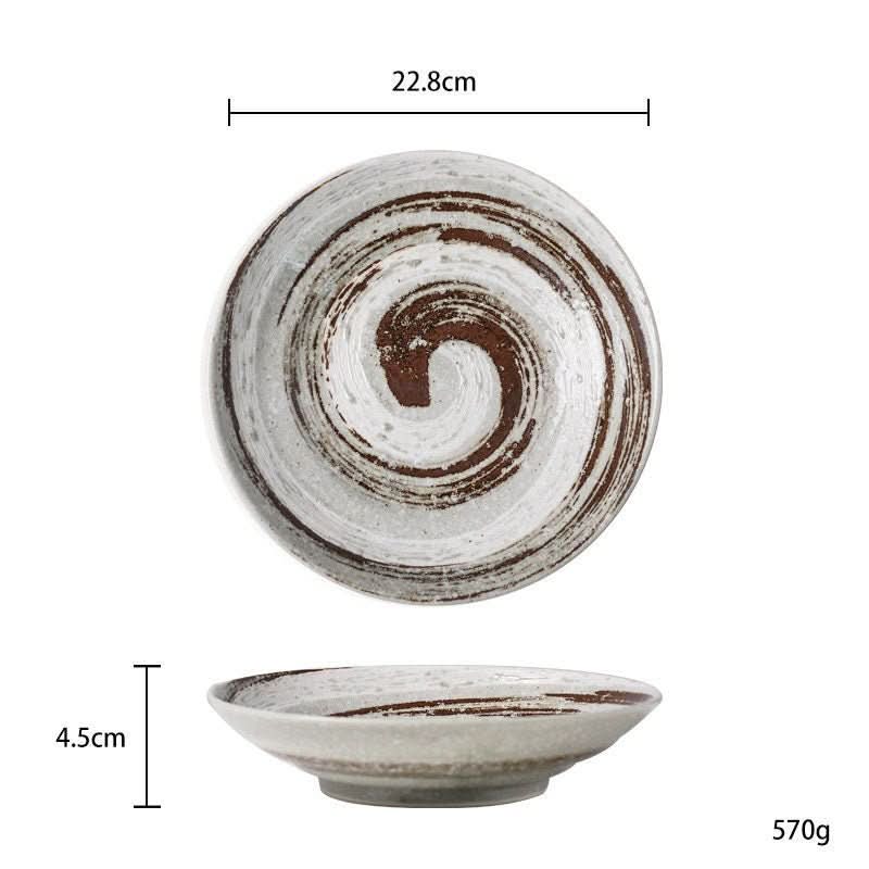 Japanese Pottery Tableware 9" plate with brown swirl design on white ceramic