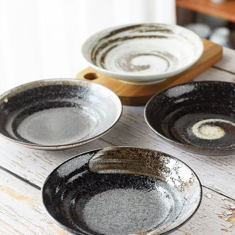 Japanese Pottery Tableware 9" - Black, white & brown ceramic bowls with unique glazes