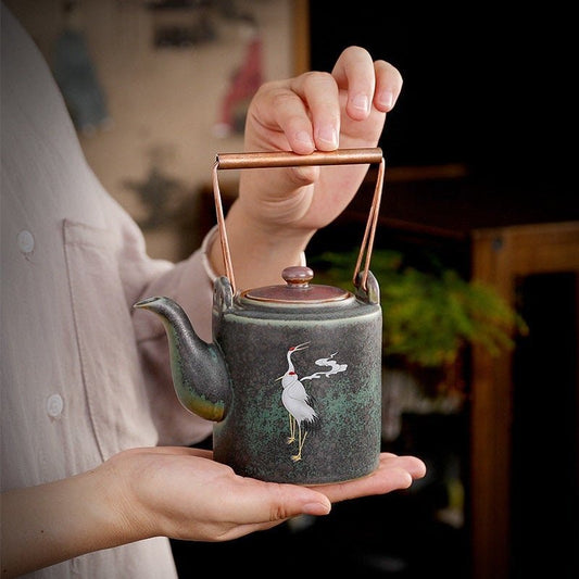 Ceramic Tea Pot With Japanese Style Crane | Asian, Oriental, Traditional, Tea Ceremony, Zen - -