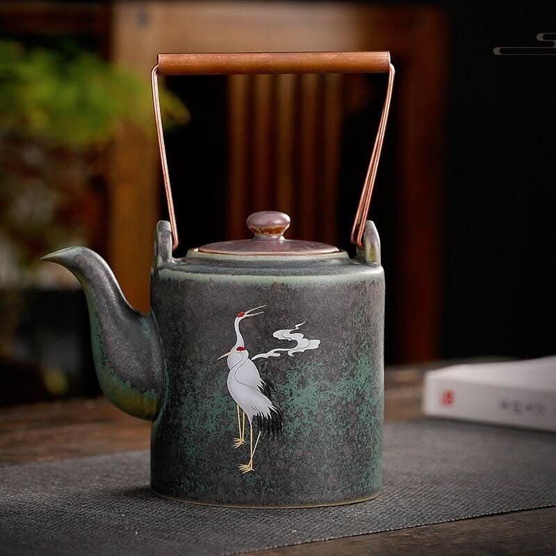 Ceramic Tea Pot With Japanese Style Crane | Asian, Oriental, Traditional, Tea Ceremony, Zen - -