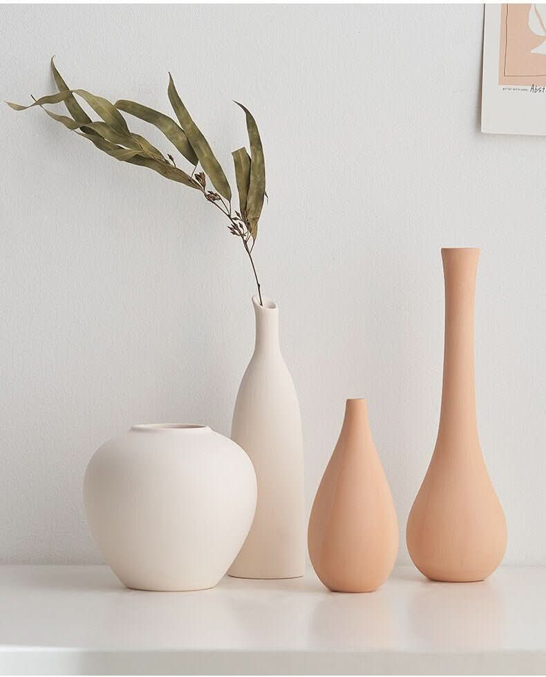Ceramic Vase Small Flower Vase: light beige and peach decorative vases with dried eucalyptus on white shelf.
