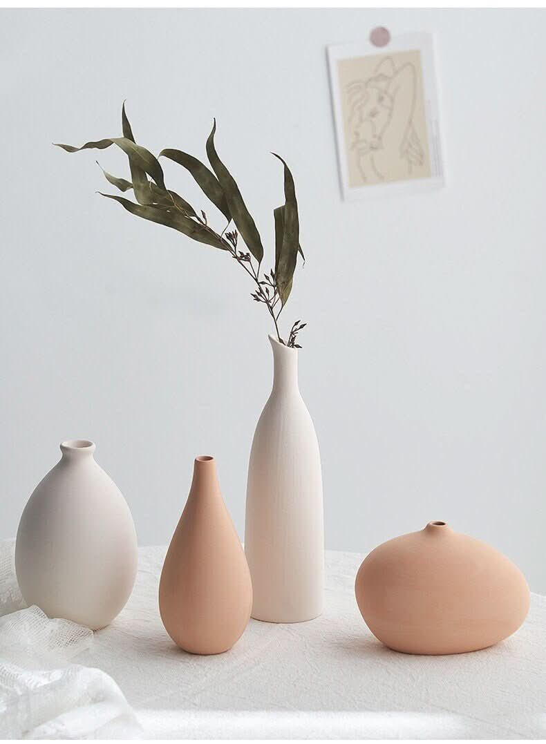 Ceramic Vase Small Flower Vase: beige, peach, and white minimalist vases with dried leaves