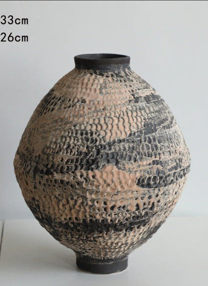 Ceramic Vase with Hammered Circular Texture and Brushed Effect - -