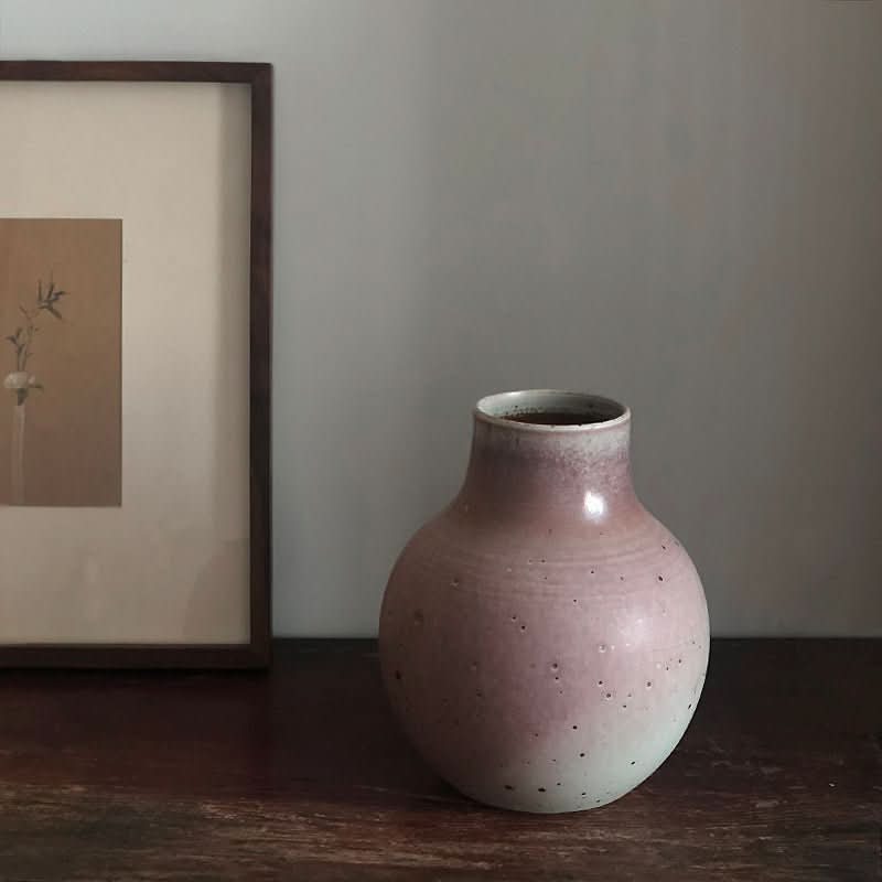 Clay Handmade Large Vase: Rounded, dusty rose ceramic vase with speckled finish.