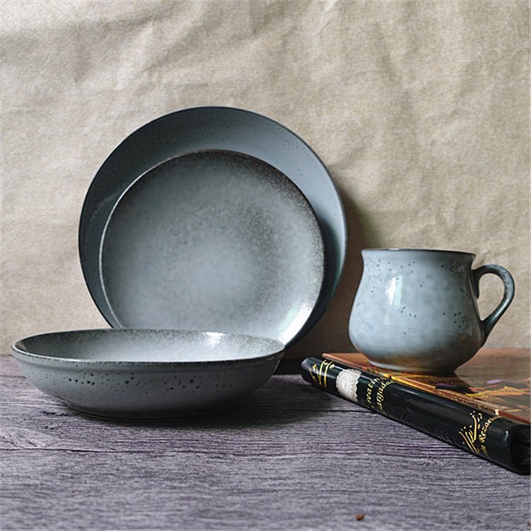 Cyan Blue Glazed Ceramic Dinnerware Set with Speckles - -