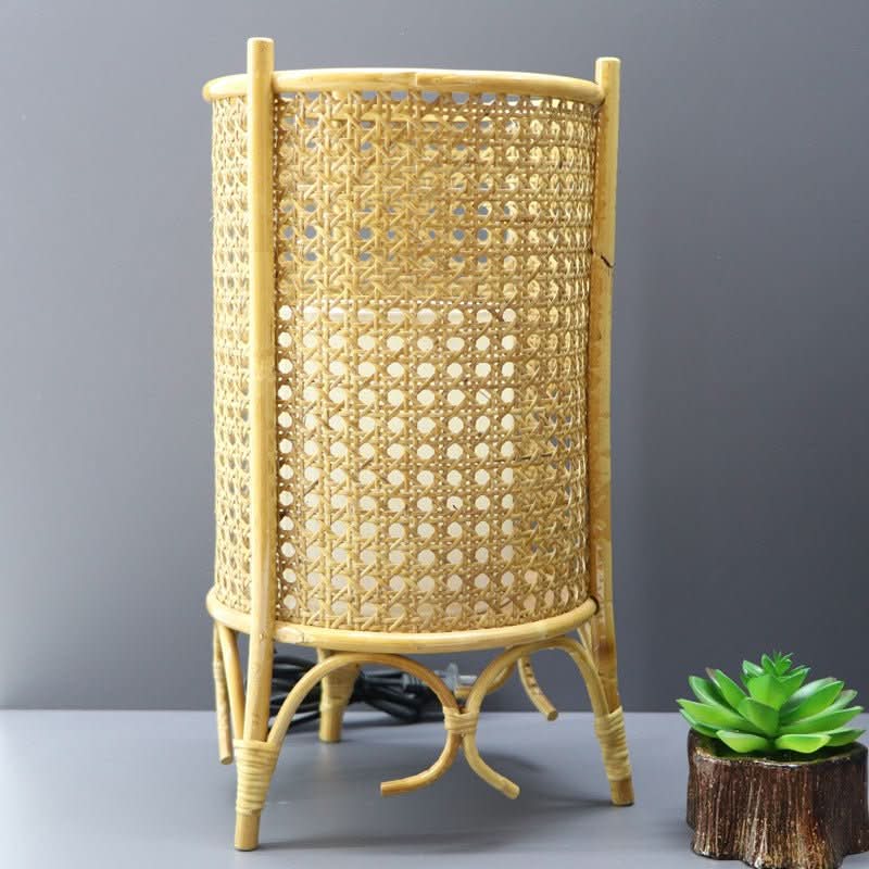 Cylindric Rattan Table Lampshade with 3 legs, handwoven, natural beige color, home decor accent