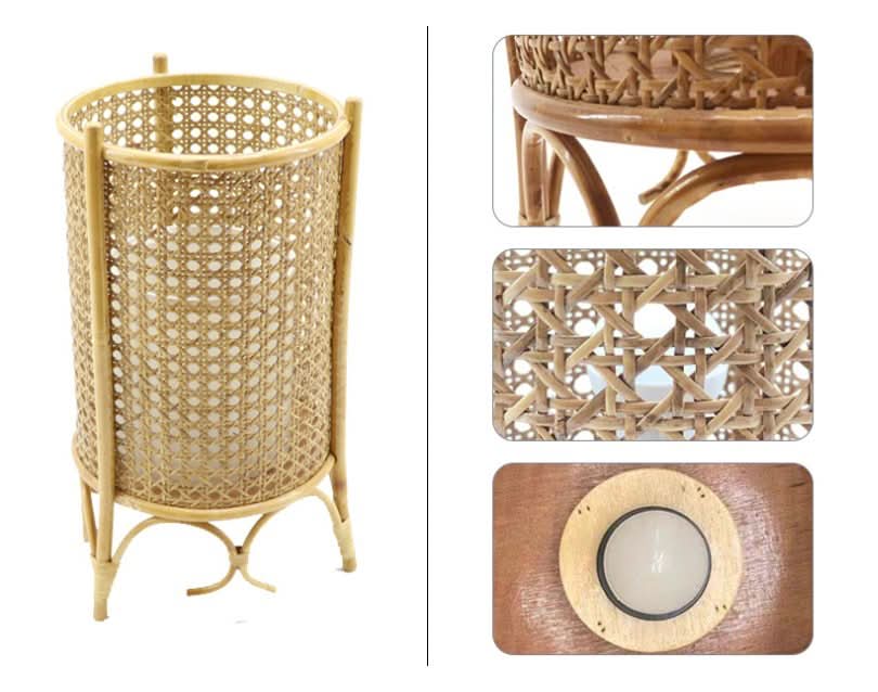 Handwoven Cylindric Rattan Table Lampshade with 3 Legs, natural cane material