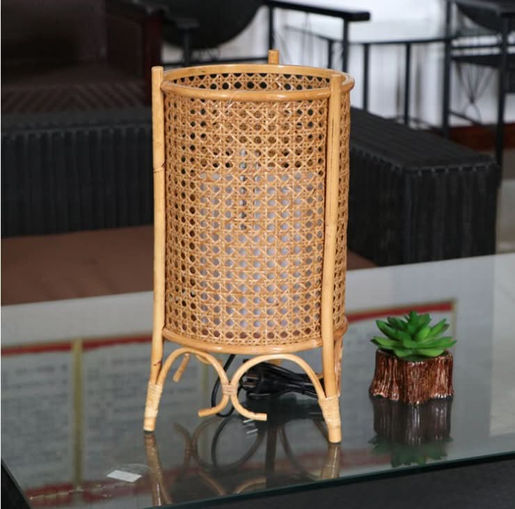 Handwoven Cylindric Rattan Table Lampshade With 3 Legs on glass table