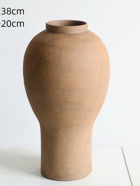 Cylindrical Curved Clay Brown Vase - -