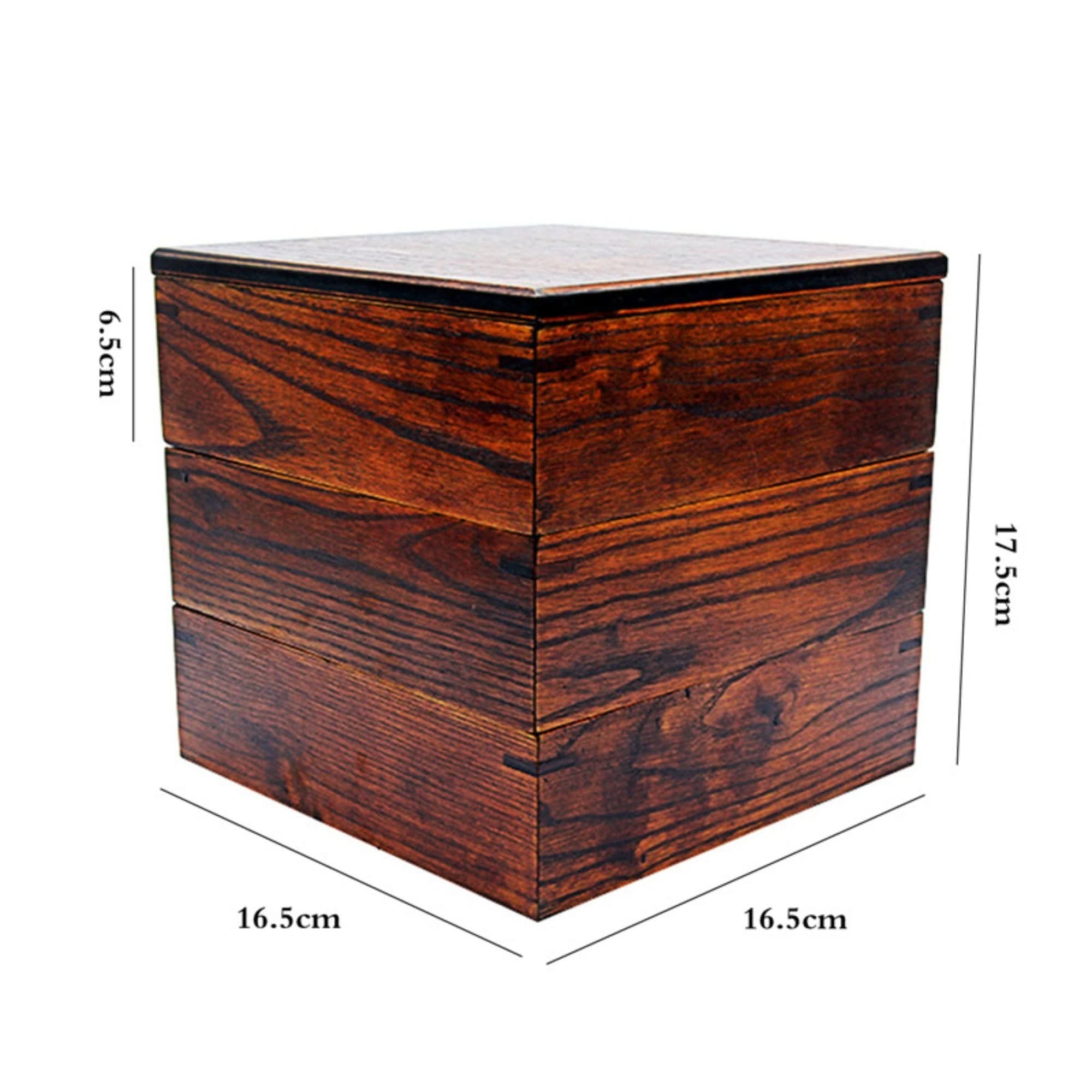 Dark wood Japanese bento box, 3 tiers, 16.5cm x 17.5cm.