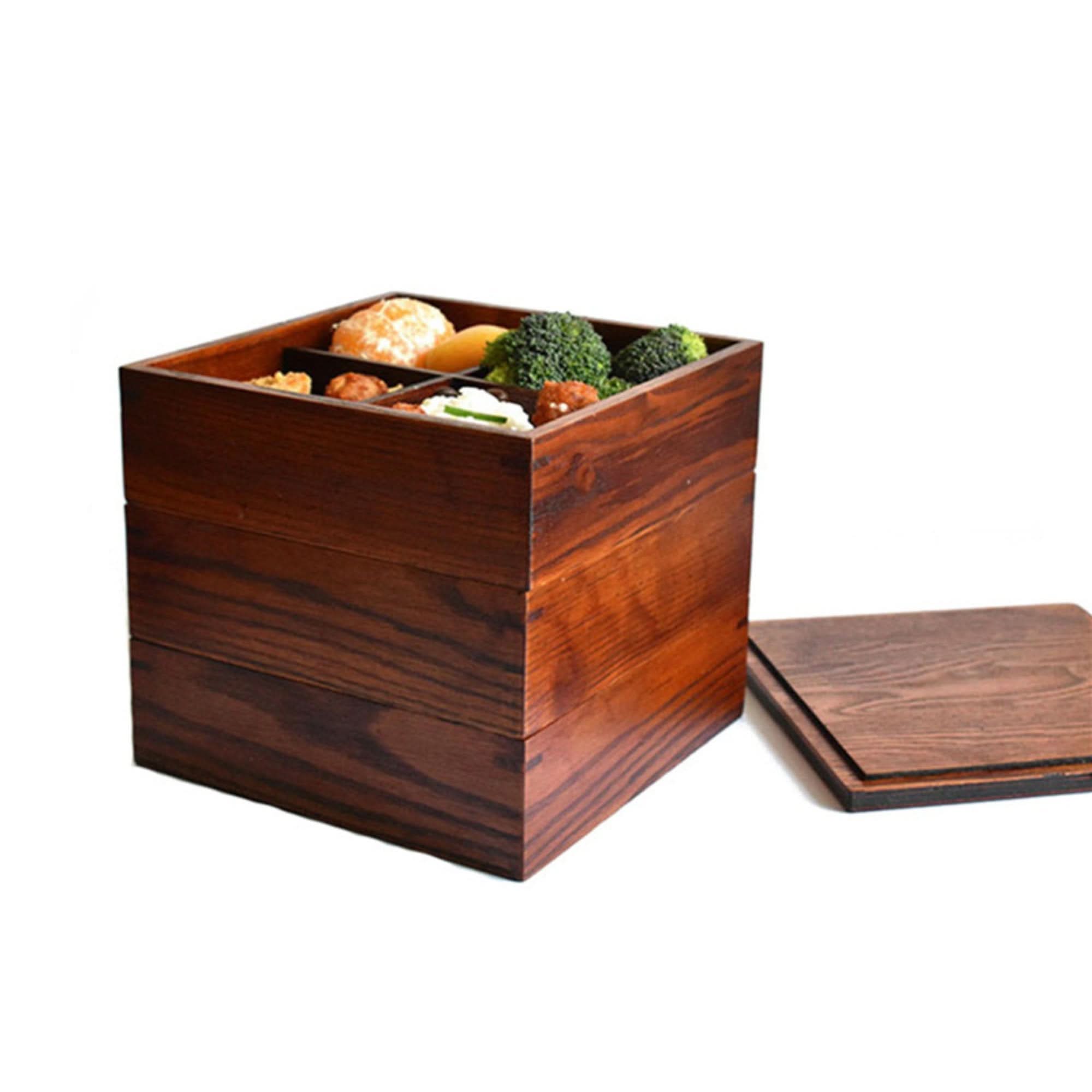 Rich brown wooden Japanese Bento Box 6.5"x2.5", 3pcs filled with food