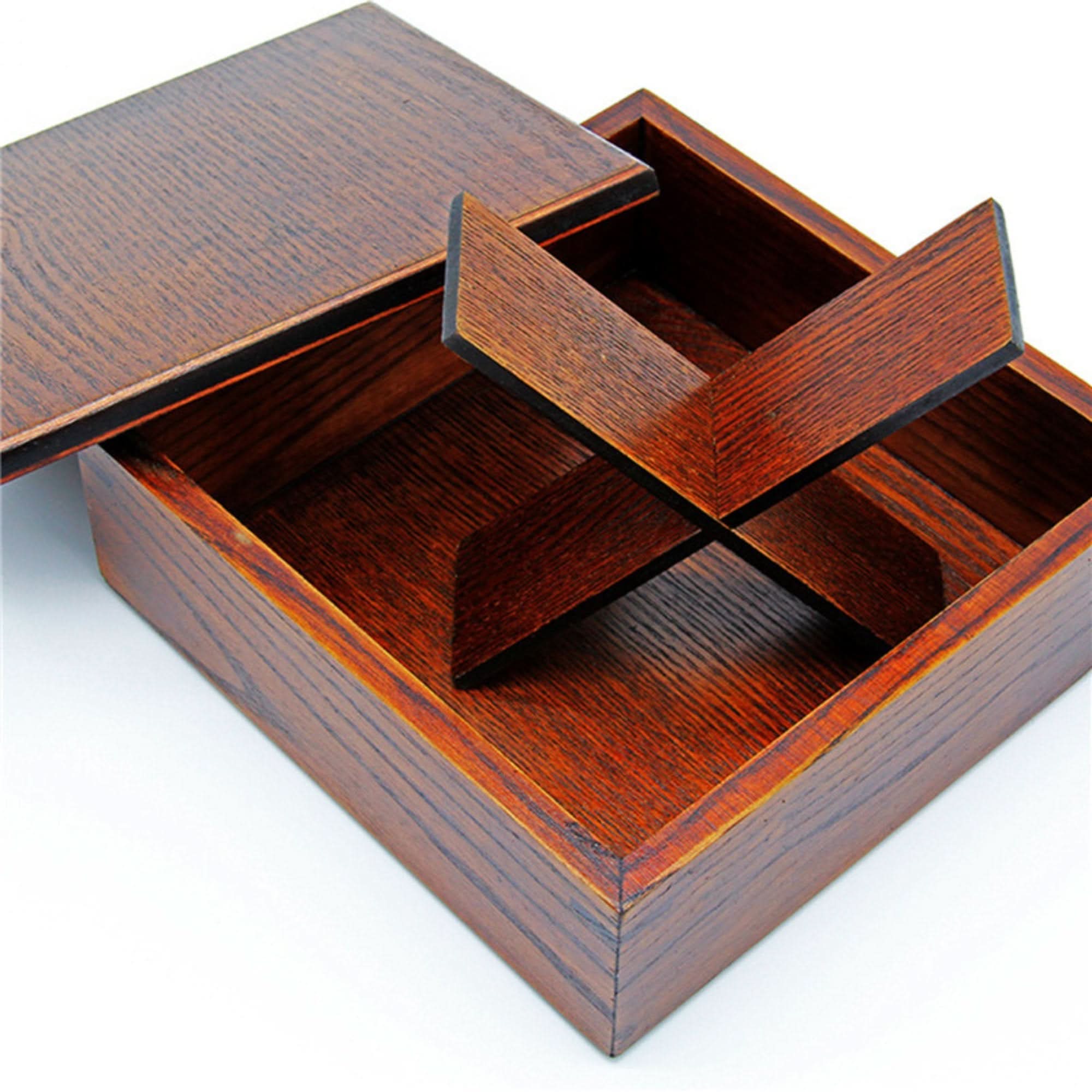 Wooden Japanese bento box, 6.5"x2.5", 3pcs, with dividers on white background.