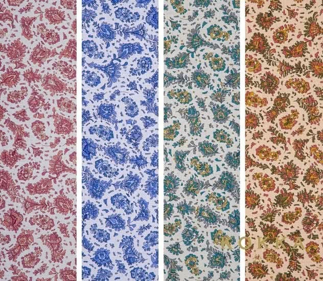 Muslin floral fabric swatches in red, blue, teal, and rust. Perfect for DIY.