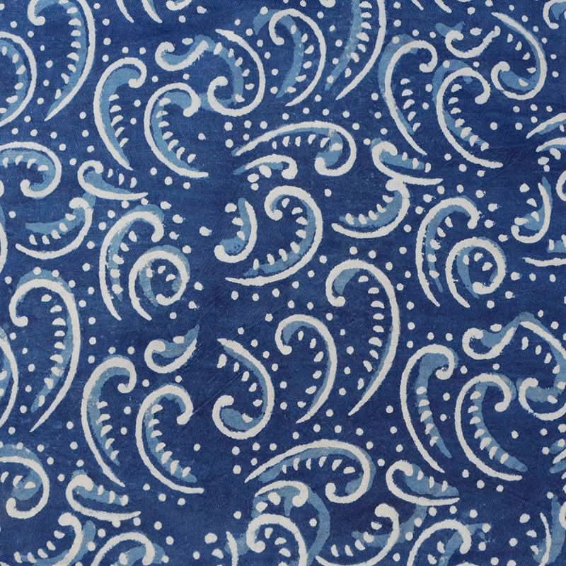 Blue dyed pure cotton Indian fabric with white paisley pattern. Plant dyed home decor.
