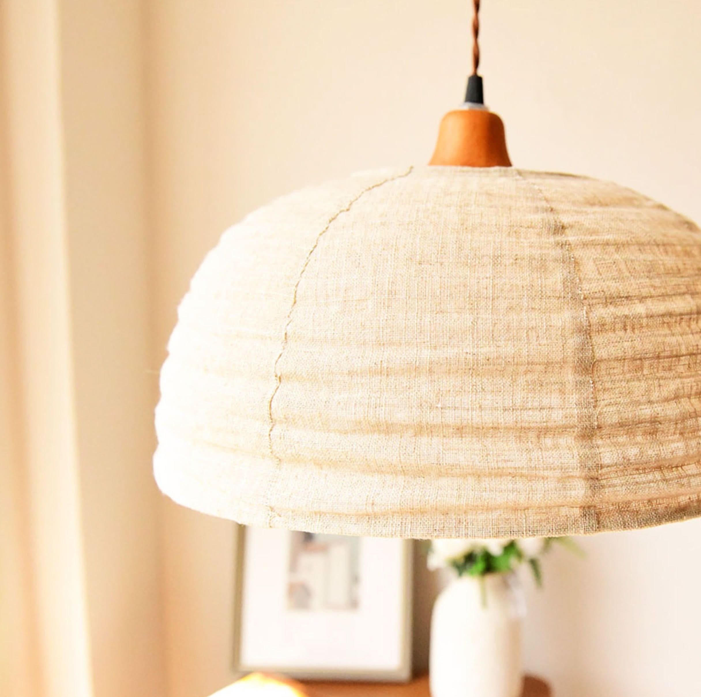 Dome Lamp Shade with Hemp Fabric, natural fiber, beige, in a home decor setting.