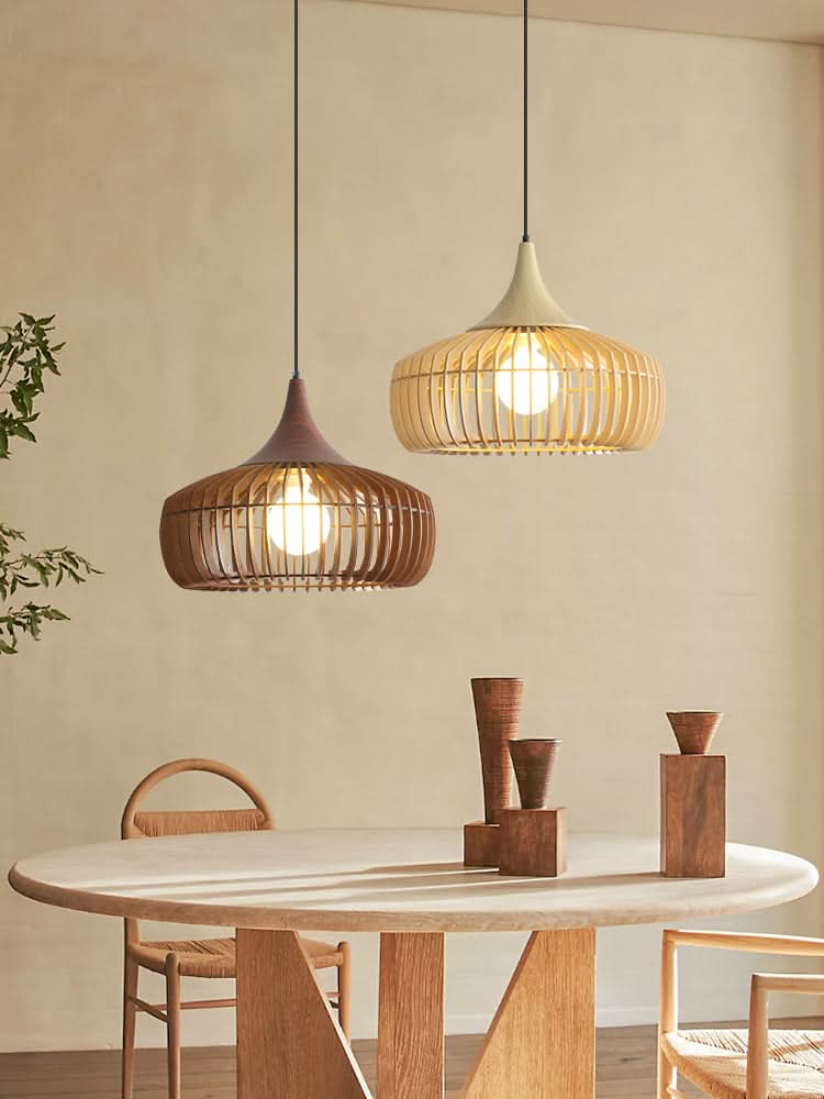 Brown and natural wood light fixture with slats, complementing a modern dining setting.