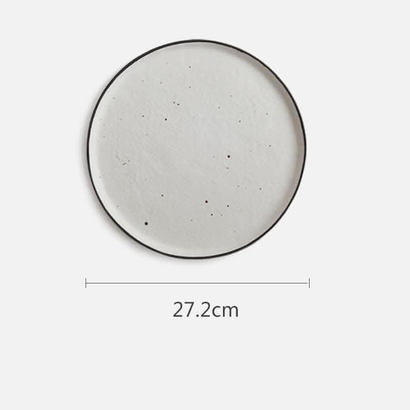 Flat Stoneware Speckled Plate, white ceramic with black speckles and rim, 27.2cm diameter.
