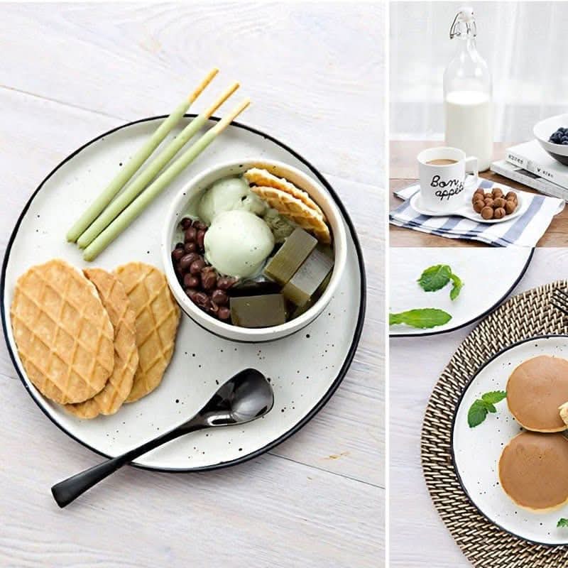 Flat stoneware speckled plate with dessert, waffles, and spoon. Mid-century style.