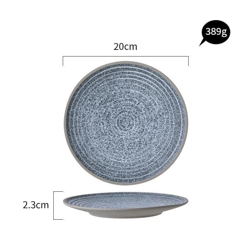 Flat Stoneware Speckled Plates: two views, 20cm diameter, grey speckled stoneware.