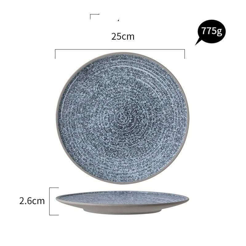 Flat Stoneware Speckled Plates in blue and grey, showing dimensions.