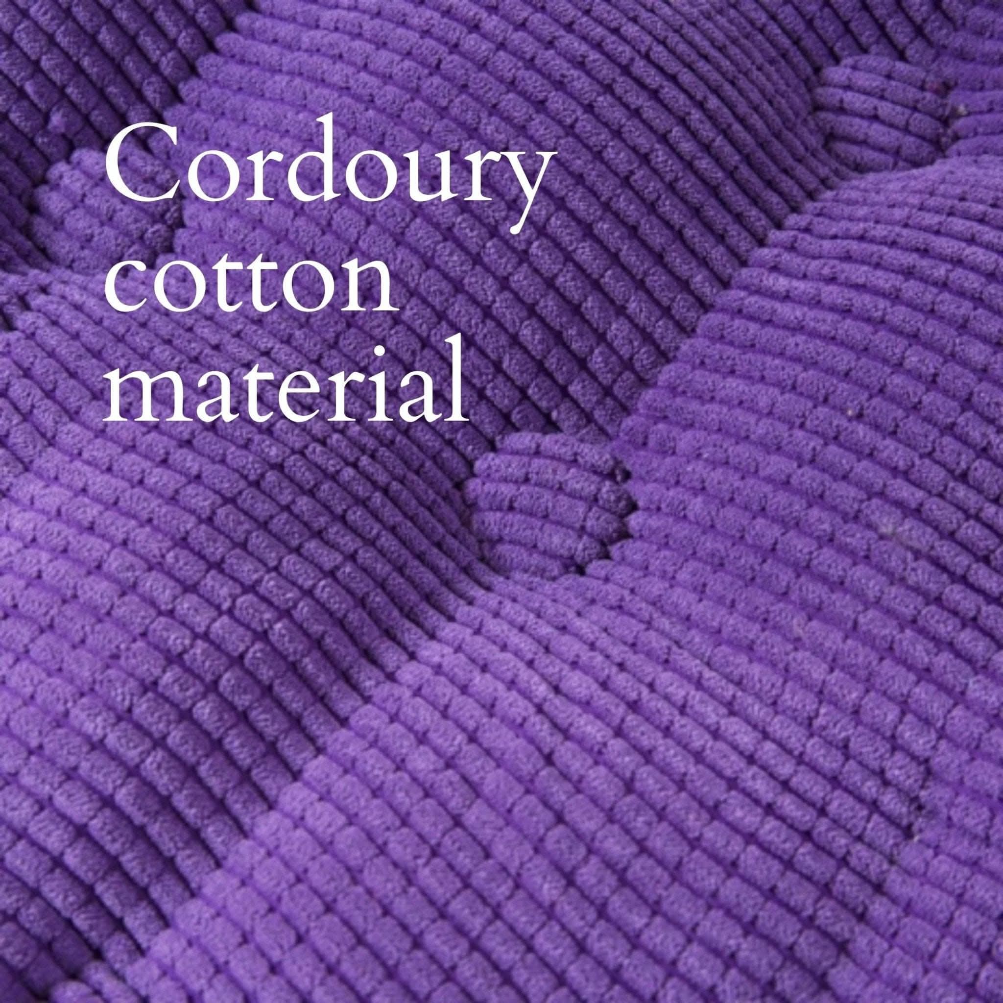 Close-up of purple corduroy cotton fabric for custom window seat cushions.