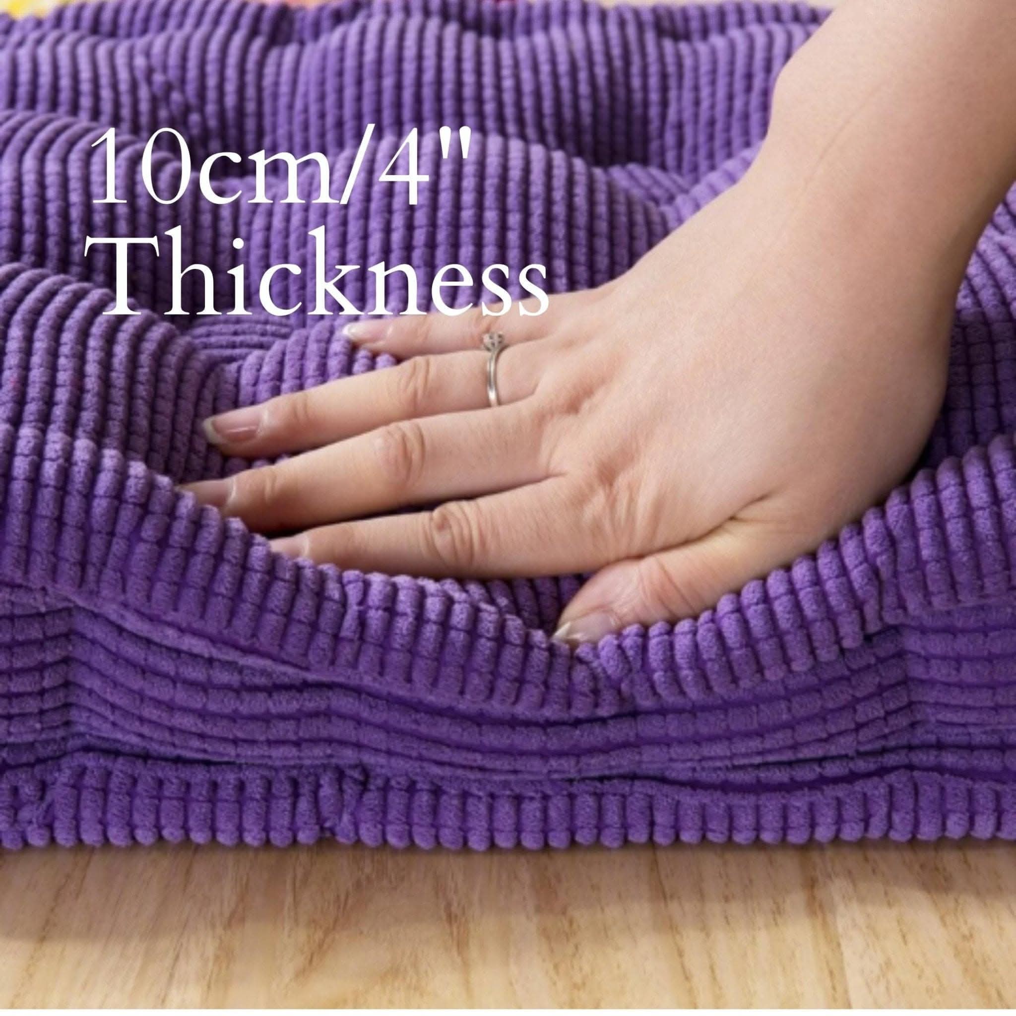 Close-up of plush purple custom window seat cushion with 10cm/4" thickness.