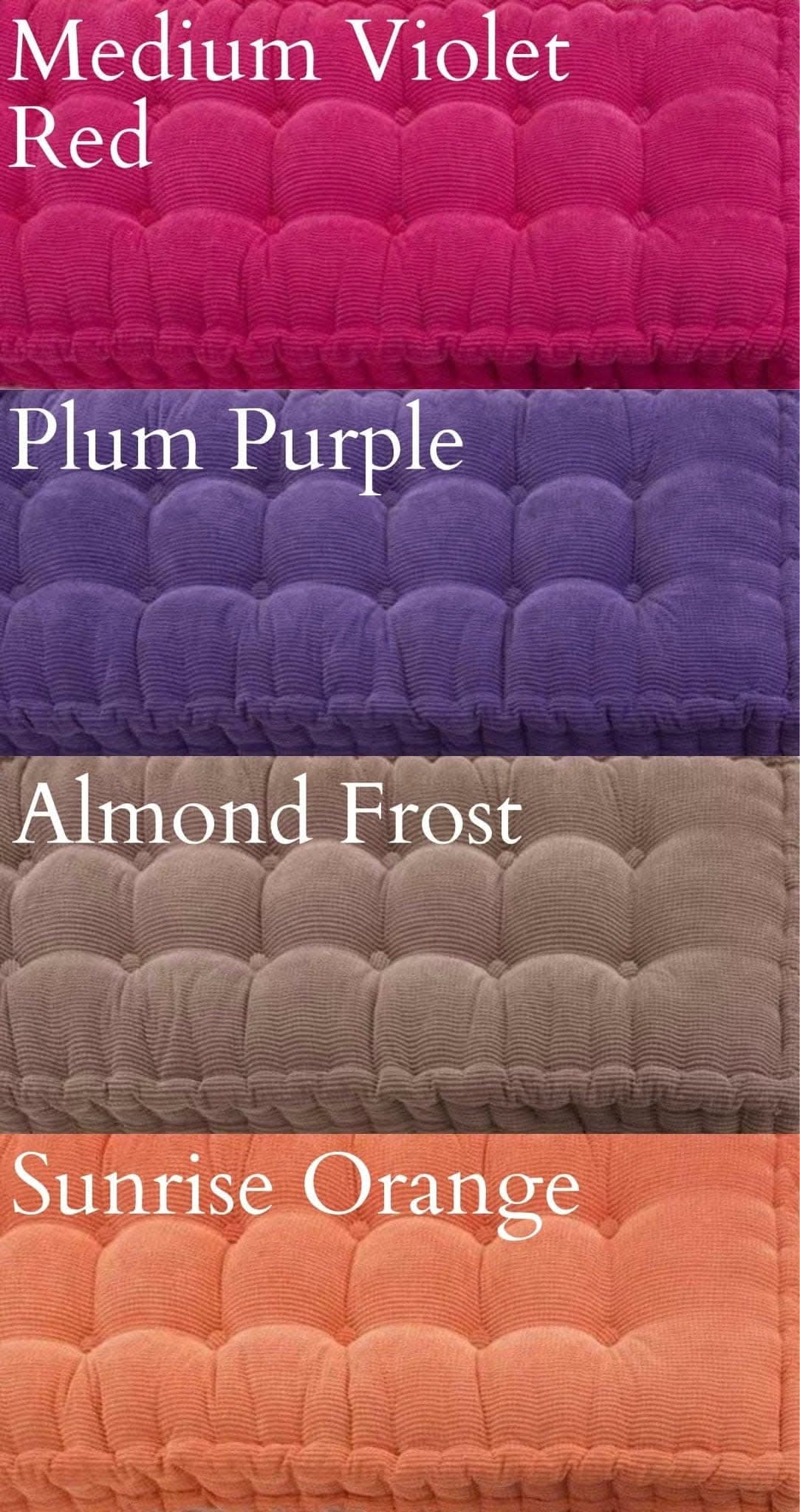Custom Window Seat Cushions in vibrant colors: fuchsia, purple, taupe, and orange.