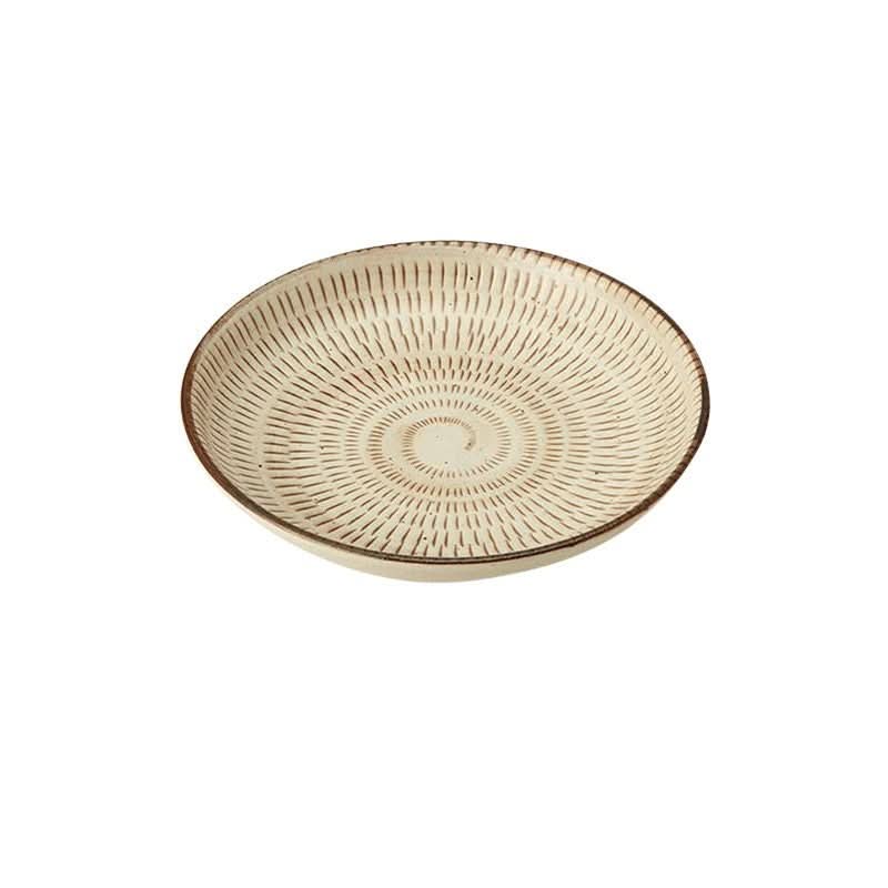 Spiral ceramic plate, Japanese tableware set with rustic textured finish and brown rim detail.