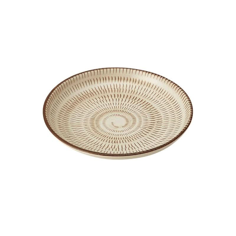 Cream ceramic plate with brown spiral pattern, Spiral Ceramic Tableware Set Made in Japan.