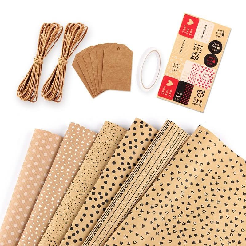 Gift paper set: Kraft paper rolls with dots, hearts, triangles, and decorative borders. Includes twine, tags, and stickers.