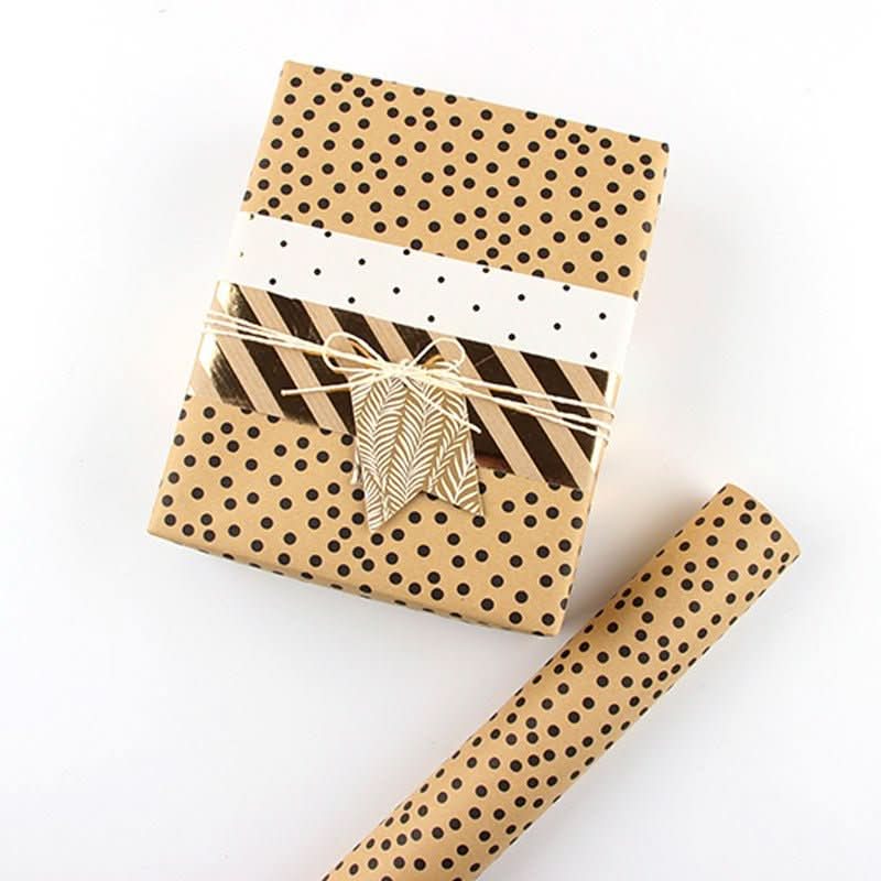 Brown gift paper with black polka dots, stripes, and gold accents. Home Decor essential.