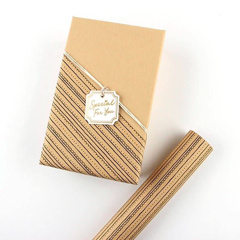 Brown craft gift paper with black line pattern, tied with gold ribbon and 'Special For You' tag.