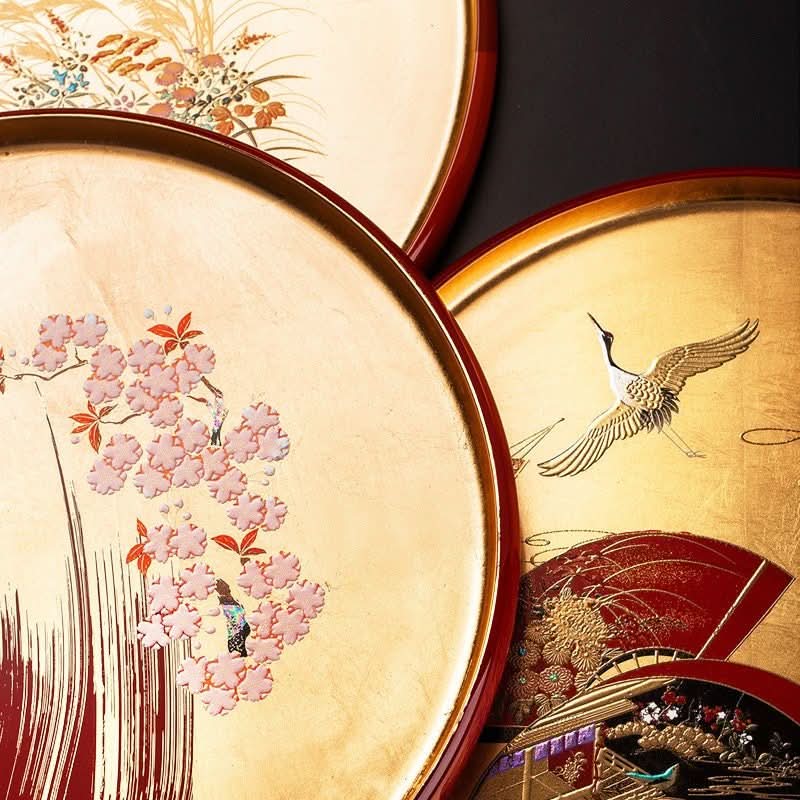 Gold Foil Fuji Sakura Lacquerware Plate, Japan Imported, with cherry blossoms and crane design.