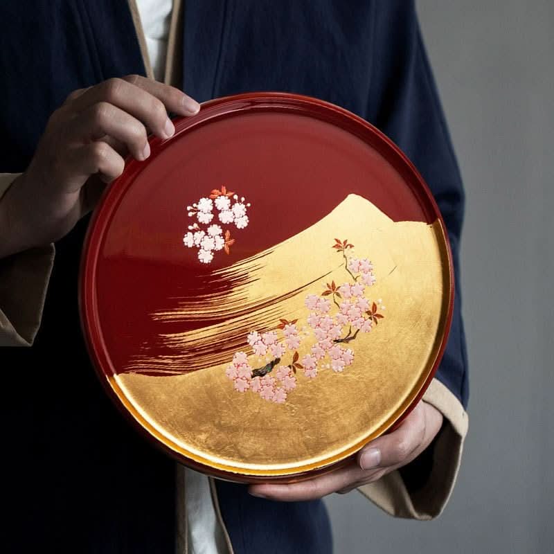 Gold Foil Fuji Sakura Lacquerware Plate, Japan: Red and gold tray with cherry blossoms and Mount Fuji design.