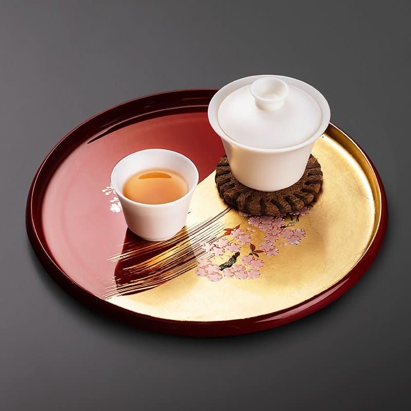 Gold Foil Fuji Sakura Lacquerware Plate: Japanese tea tray with cherry blossoms.