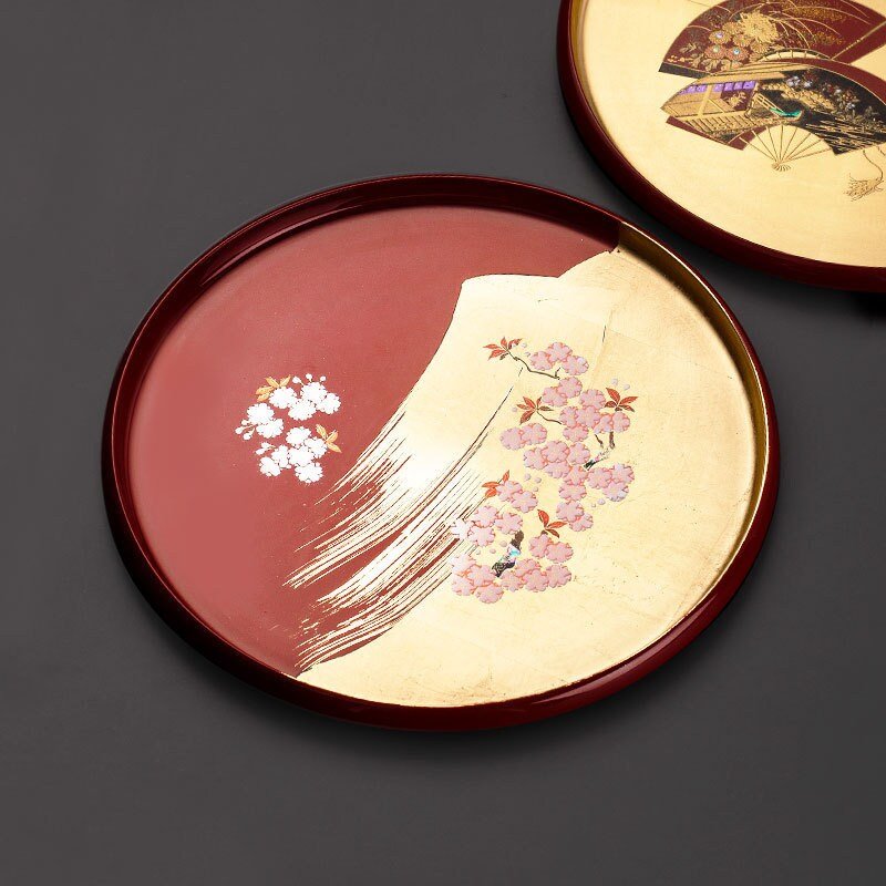 Gold Foil Fuji Sakura Lacquerware Plate, Japan Imported | Handmade, Black and Gold Foil Tea Tray, Cherry Blossom, Fruit Tray, Made in Japan - -