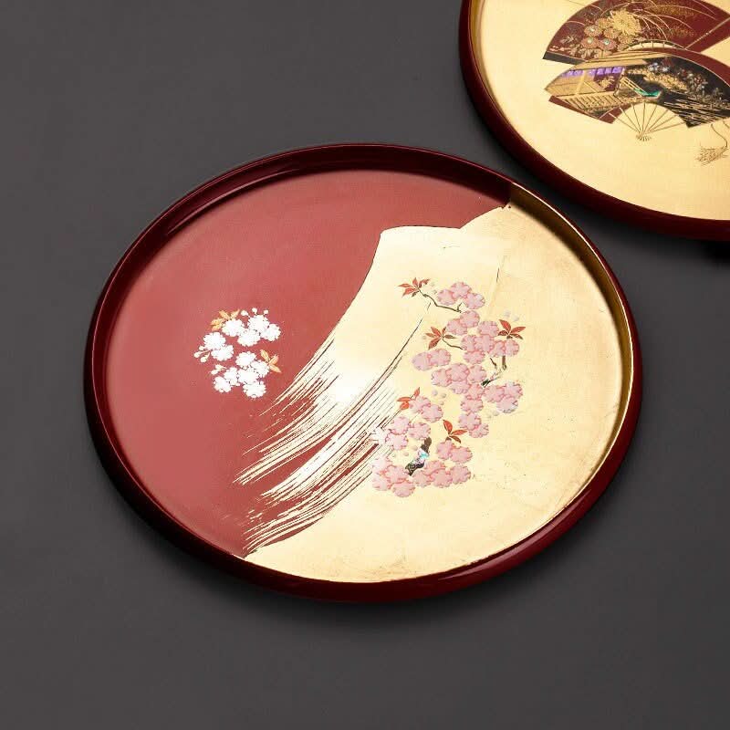 Gold Foil Fuji Sakura Lacquerware Plate with cherry blossoms and Mount Fuji design.
