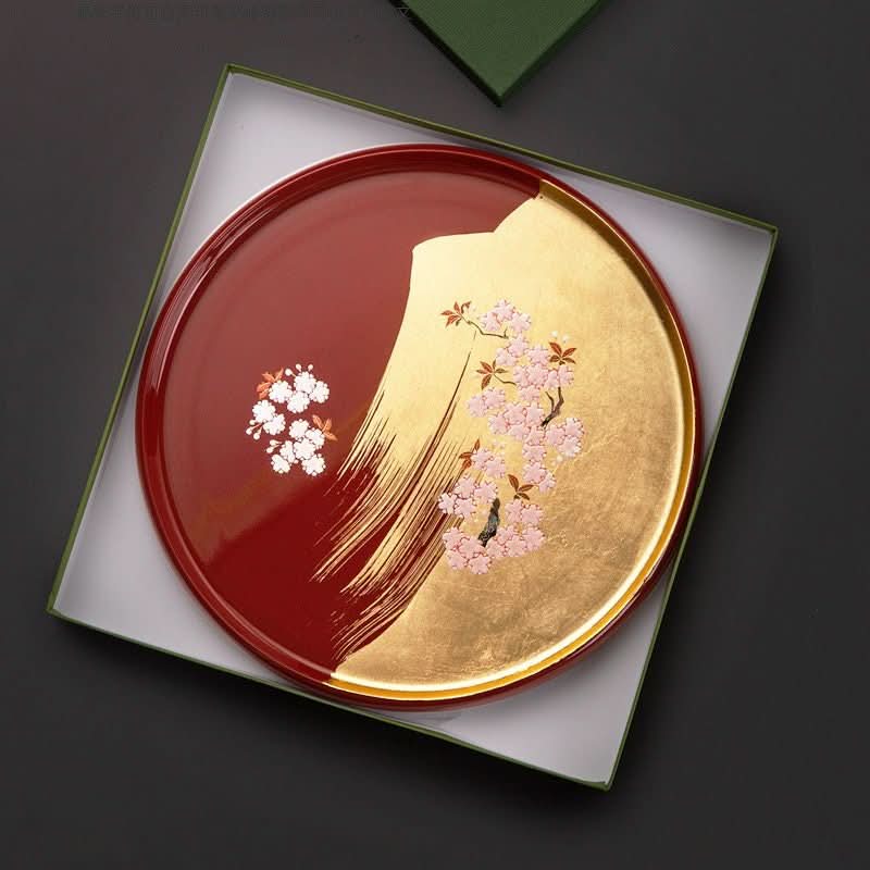 Gold Foil Fuji Sakura Lacquerware Plate, Japan Imported | Handmade, Black & Gold Tea Tray