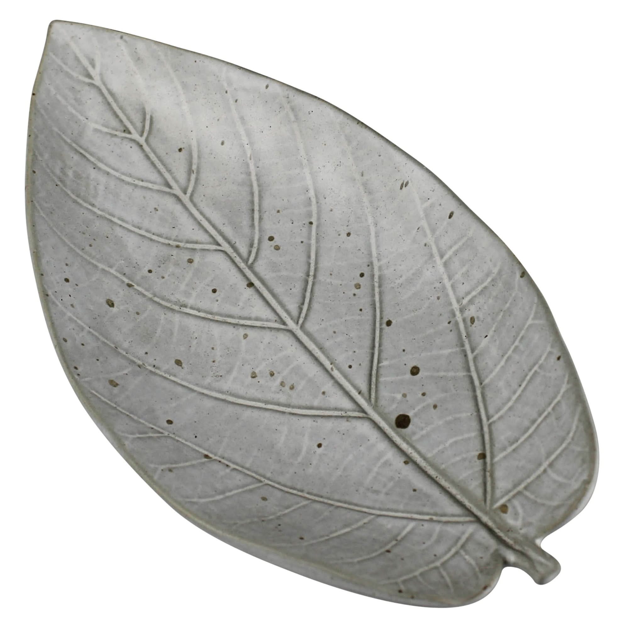 Gray Begonia leaf ceramic serving tray with realistic veining, speckled finish