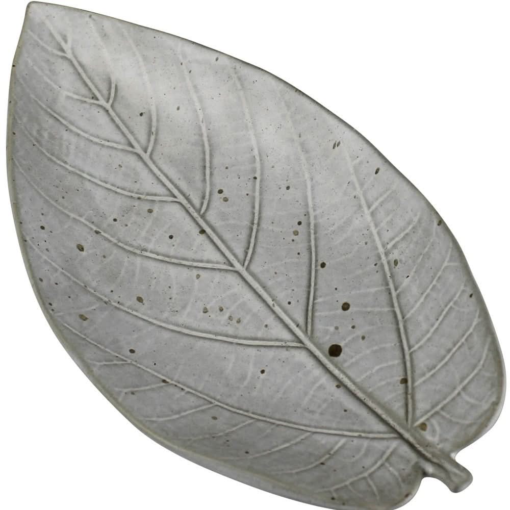 Gray Begonia Leaf Ceramic Serving Tray: Textured leaf design home decor.