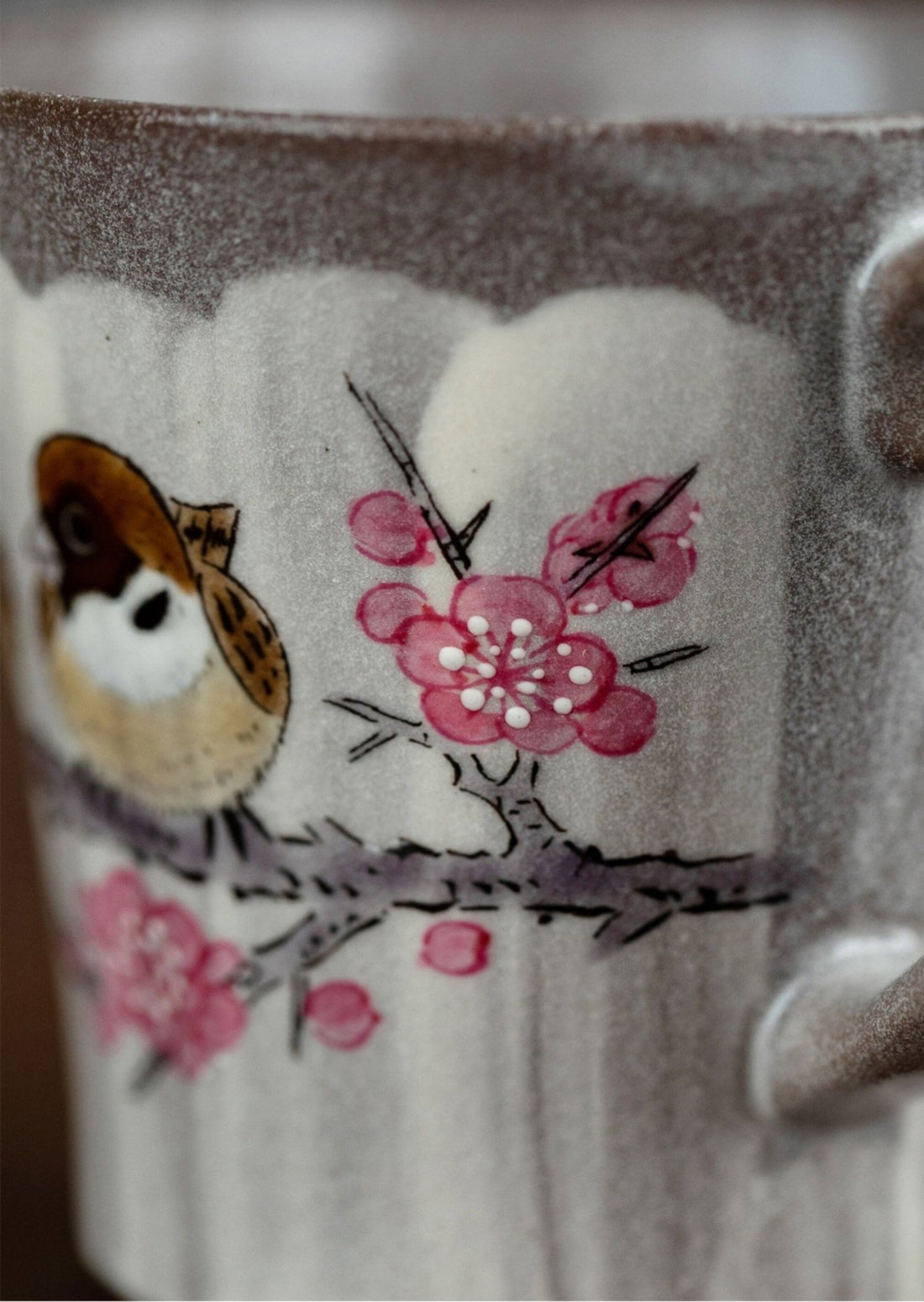 Hand-made Mug With a Sakura Tree and a Bird 8oz, from Japan | Ceramic Mug Handmade Pottery, Rustic, Glazed, Hand-Thrown Mug - -