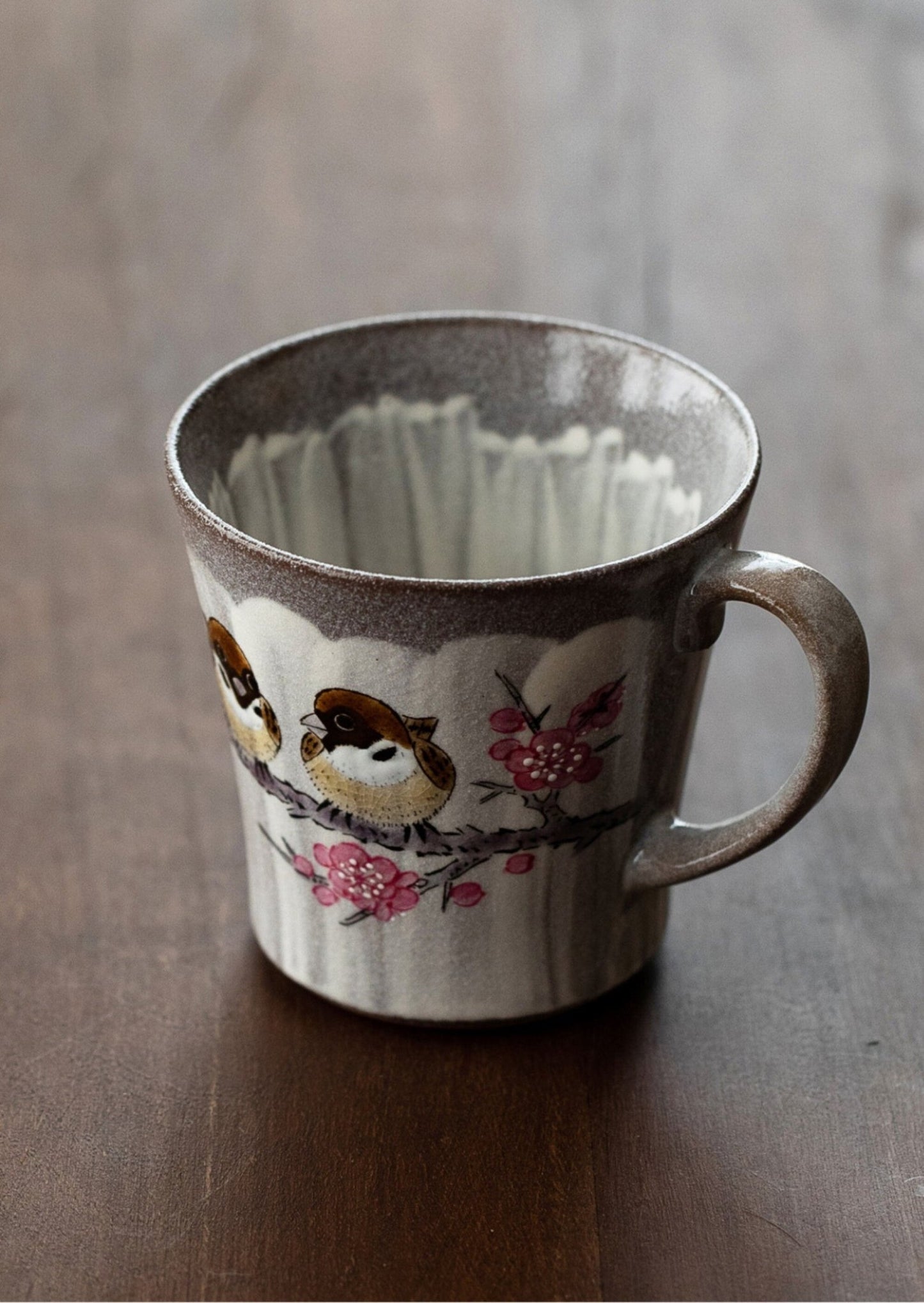 Hand-made Mug With a Sakura Tree and a Bird 8oz, from Japan | Ceramic Mug Handmade Pottery, Rustic, Glazed, Hand-Thrown Mug - -