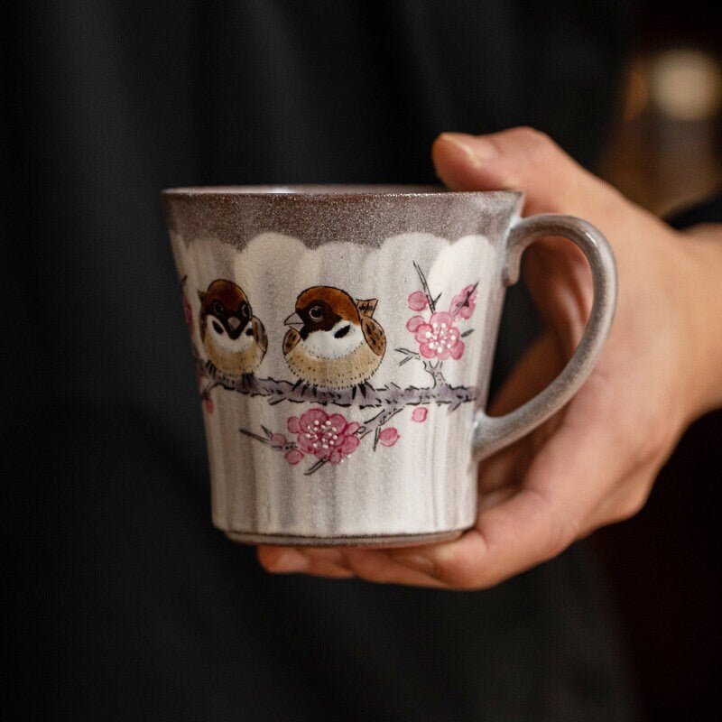 Hand-made Mug With a Sakura Tree and a Bird 8oz, from Japan | Ceramic Mug Handmade Pottery, Rustic, Glazed, Hand-Thrown Mug - -