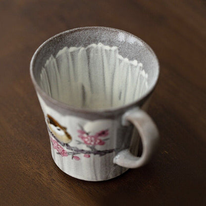 Hand-made Mug With a Sakura Tree and a Bird 8oz, from Japan | Ceramic Mug Handmade Pottery, Rustic, Glazed, Hand-Thrown Mug - -