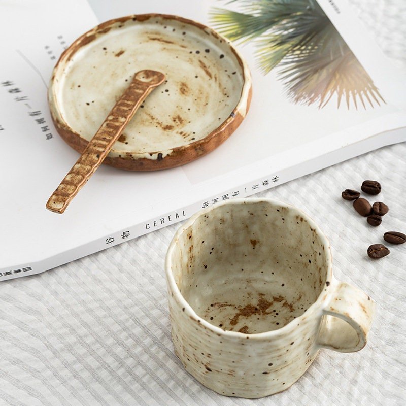 Hand-made Stoneware Palaeolithic Coffee Cup, Spoon And Saucer Set - -