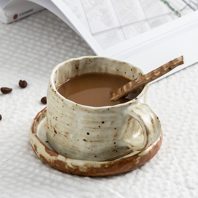 Hand-made Stoneware Palaeolithic Coffee Cup, Spoon And Saucer Set - -